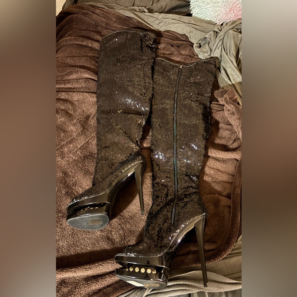 Black Sequin Thigh-High Stiletto Boots